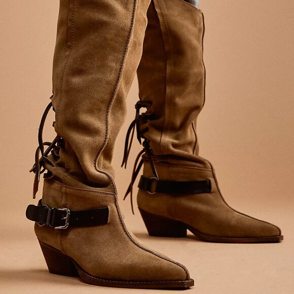 Free People Back-lace Sway Low Slouchy Boots Military Taupe Suede NWOB 9.5 - Picture 2 of 7